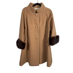 Lilli Ann Coat Womens Large Camel Vintage Wool Swing Mink Fur Trim Cuffs 1960s